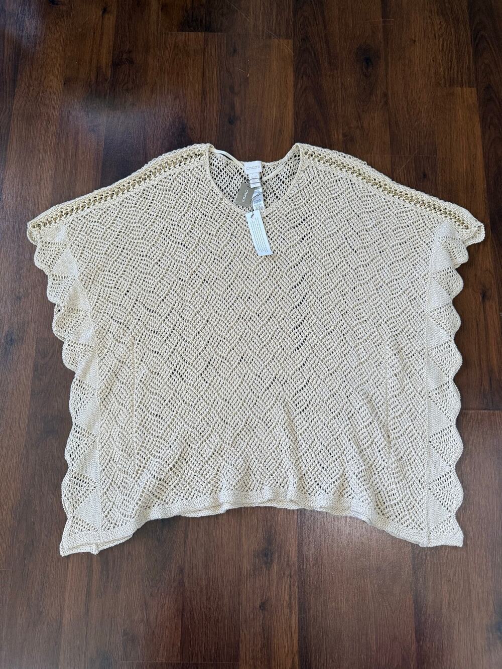 Chicos NWT Crochet Cathy Poncho Natural Cream Sz S/M Gold Shimmer Boho Beach